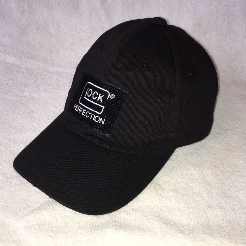 Glock Perfection 6 panel adjustable back strap cap black hat white stitching